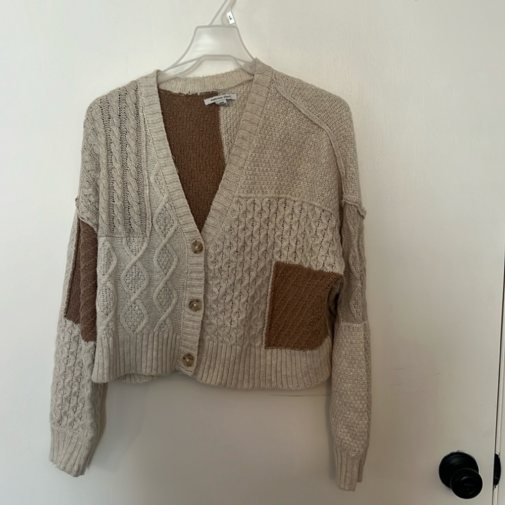 American Eagle tan and brown cardigan patchwork detailing size small